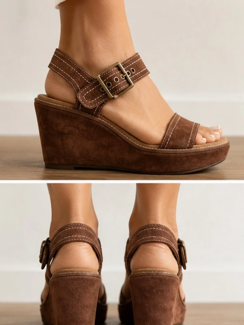 Clarks Brown Suede Ankle-Strap Wedge Sandals 11M